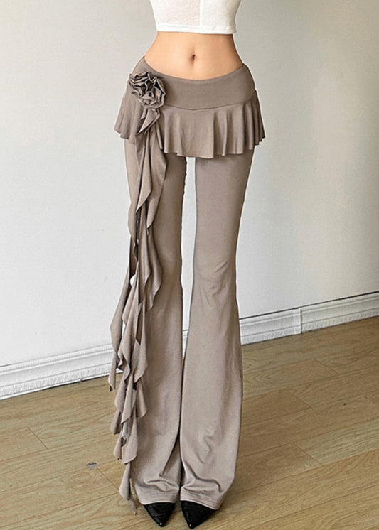 Khaki Ruffled Patchwork Tassel Fake Two Pieces Flare Pants Summer