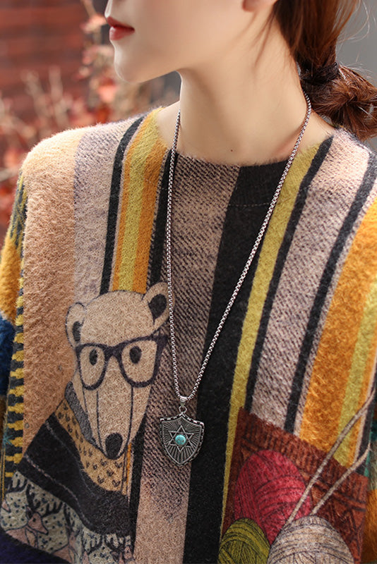 Cartoon Print Long Sleeve Sweater Crew Neck Top