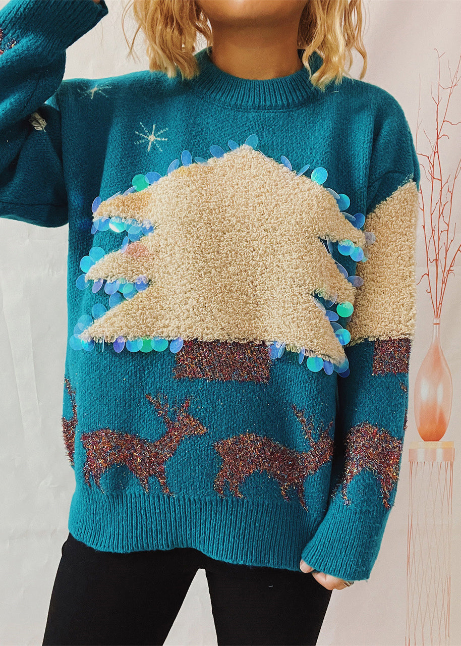 Fine Blue Jacquard Sequins Thick Knit Pullover Winter