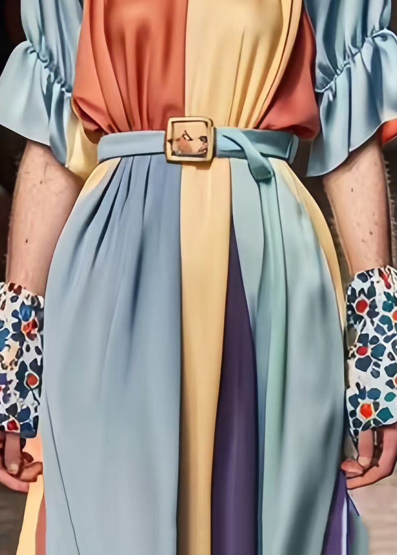 Grey Patchwork Silk Vacation Dresses Cinched Summer