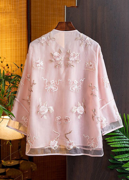 Natural Pink V Neck Embroidered Tulle Shirts Spring