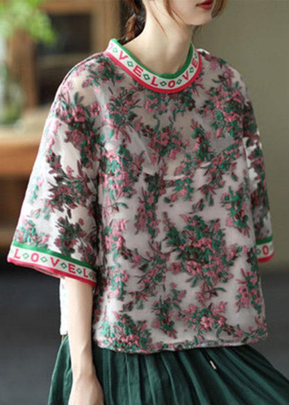 Embroidered Retro O-neck Summer Blouses Half Sleeve