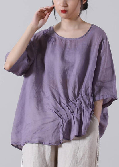 Light Purple Asymmetrical Design Cotton Linen Shirts Summer