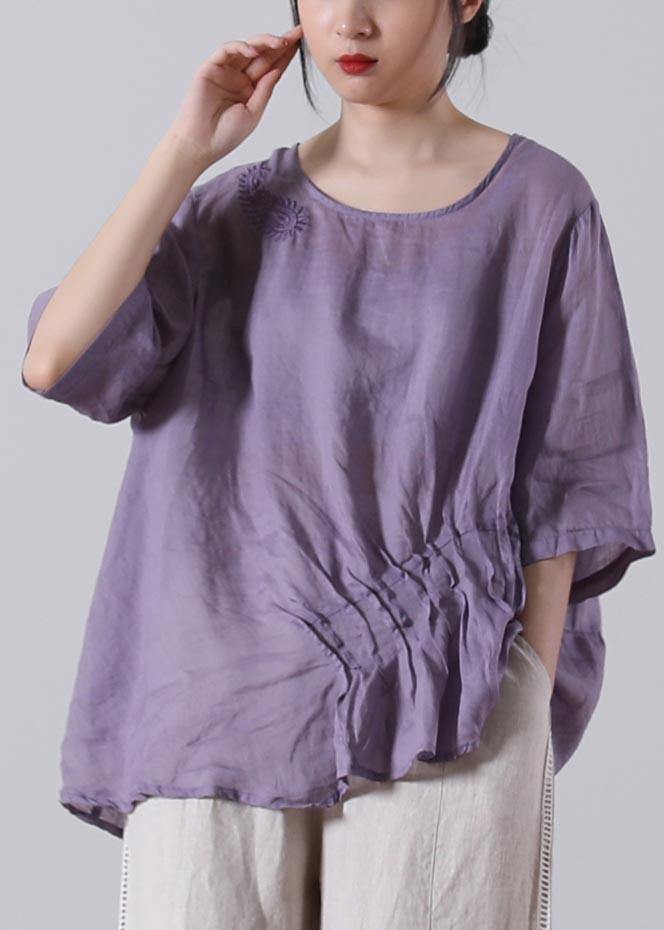 Light Purple Asymmetrical Design Cotton Linen Shirts Summer