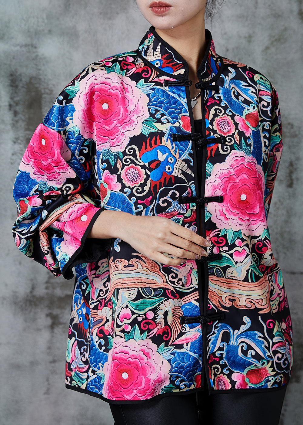 Black Embroidered Silk Chinese Style Coats Spring