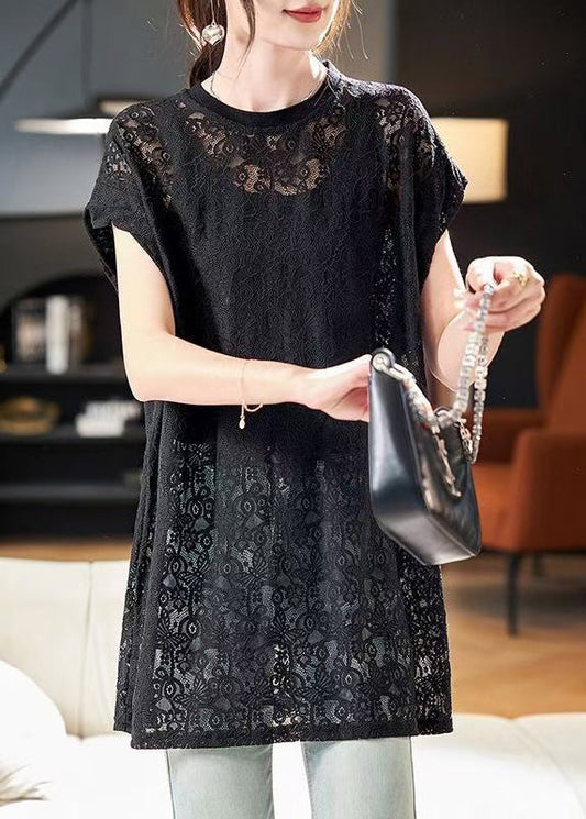 Black O Neck Hollow Out Lace Top Summer