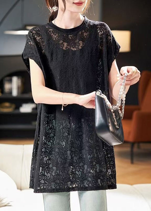 Black O Neck Hollow Out Lace Top Summer