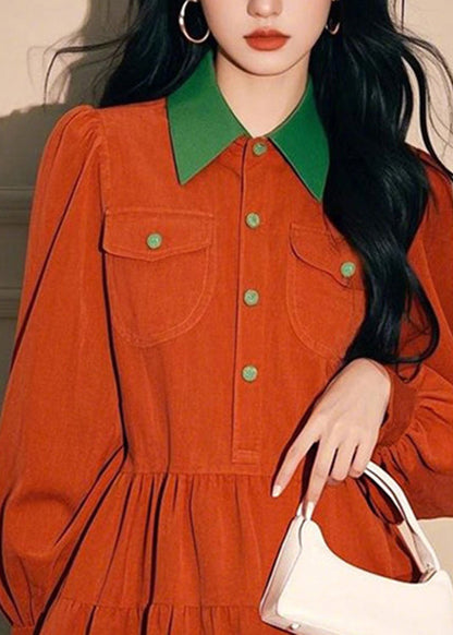 Loose Orange Peter Pan Collar Button Corduroy Shirts Dress Spring