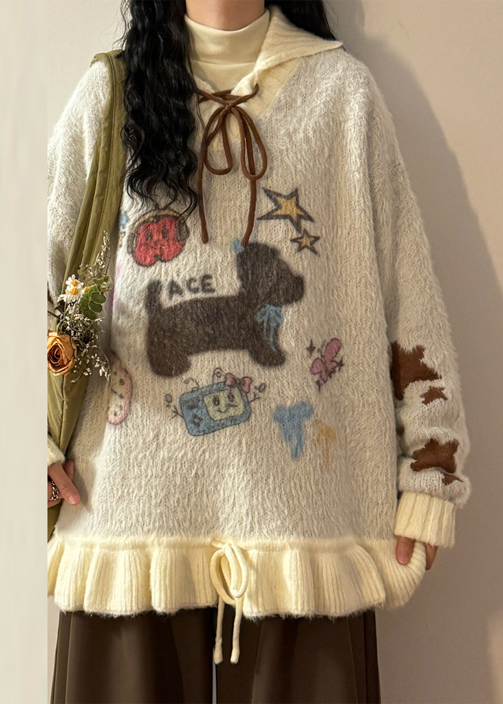 Jacquard Apricot Hooded Ruffled Lace Up Patchwork Knit Sweater Winter