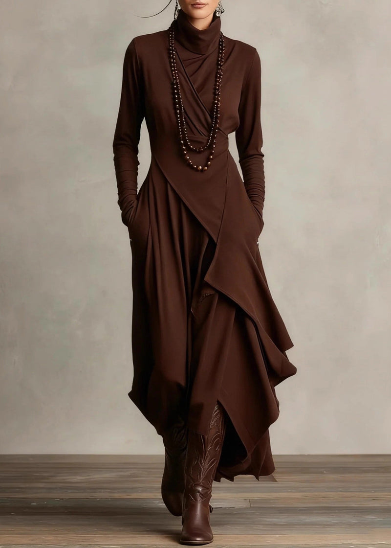 Original Design Purple Turtleneck Pockets Cotton Maxi Dress Spring