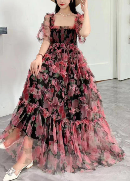 Blue Square Collar Ruffled Print Tulle Long Dress Summer