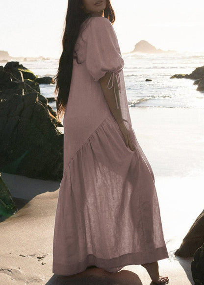 French Pink Lace Up Linen Dresses Lantern Sleeve