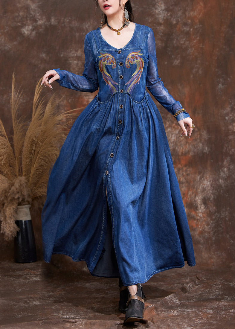 Navy O-neck Embroidered Button Robe Denim Dresses Spring