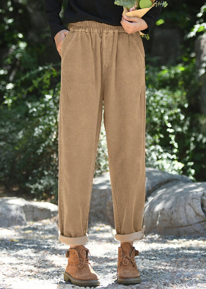 Beige Pockets Elastic Waist Corduroy Pants Spring