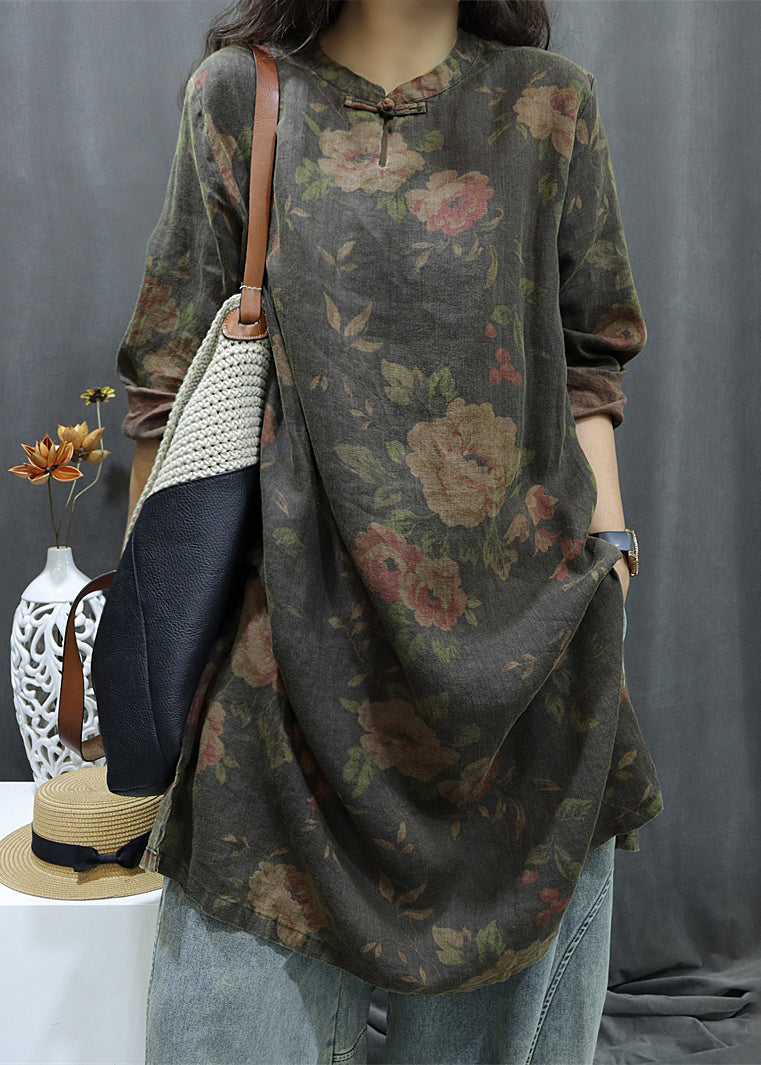 Black Print Button Linen Shirts Dress Bracelet Sleeve