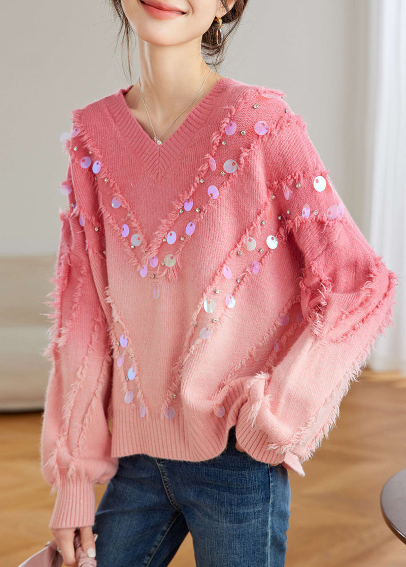 Red Gradient V Neck Tassel Sequins Knit Sweater Tops Spring