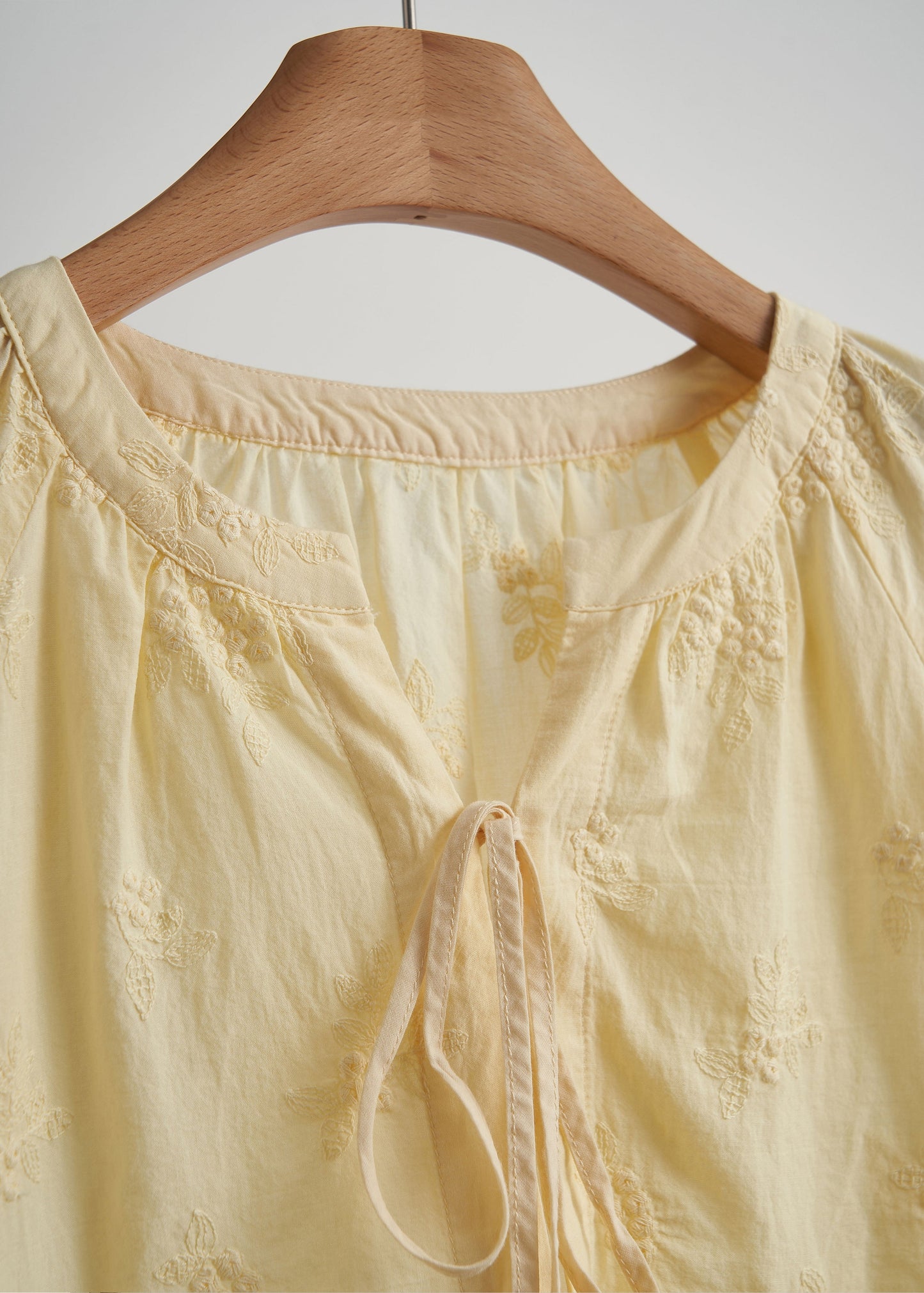 Yellow Embroidered Lace Up Cotton Shirt Top Fall