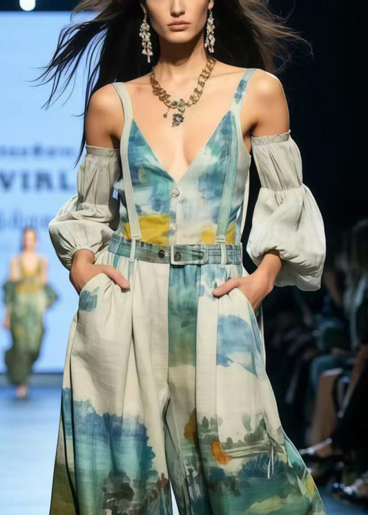 New Retro Cold Shoulder Print Cotton Overalls Jumpsuit Summer