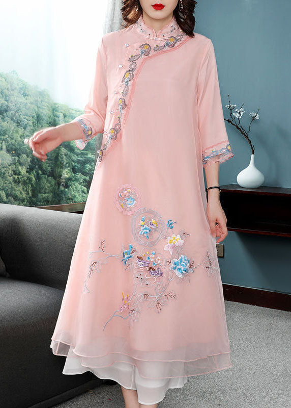 Pink Chiffon Chinese Style Dresses Chinese Button Embroidered Bracelet Sleeve