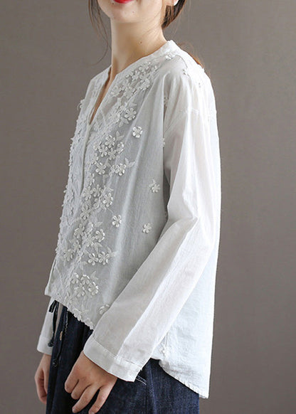 White V Neck Embroidered Cotton Top Spring
