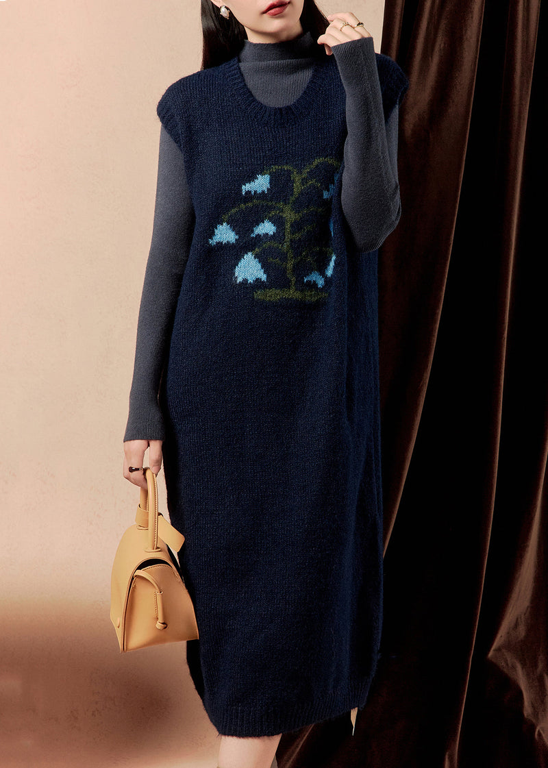 Navy Embroidered Cozy Knit Dress Sleeveless