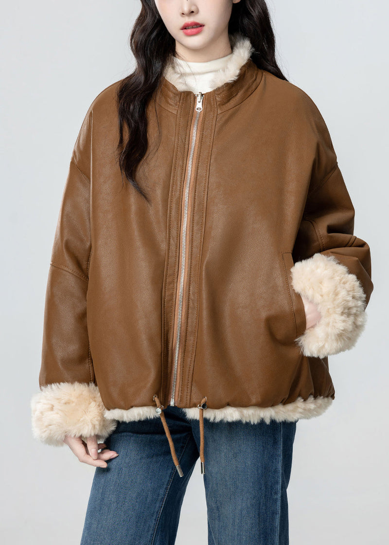 Loose Caramel Zip Up Pockets Wear on Both Sides Teddy Faux Fur Coats Winter