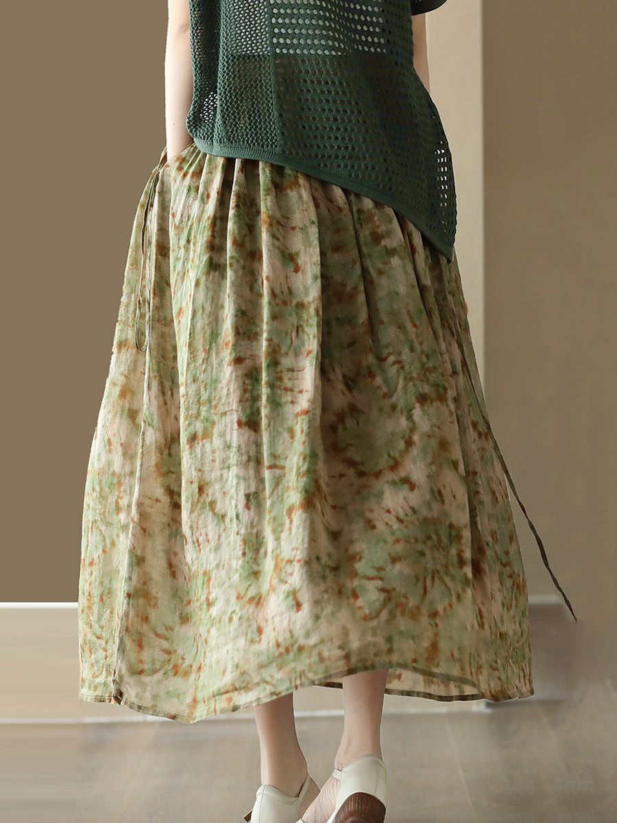 Summer Artsy Drawstring Loose Ramie Skirt