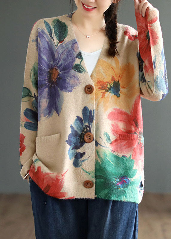 Diy Khaki V Neck Print Mink Hair Knitted Loose Coat Spring