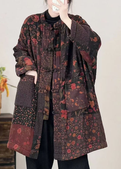 Black Pockets Print Oriental Button Fine Cotton Filled Coat Winter