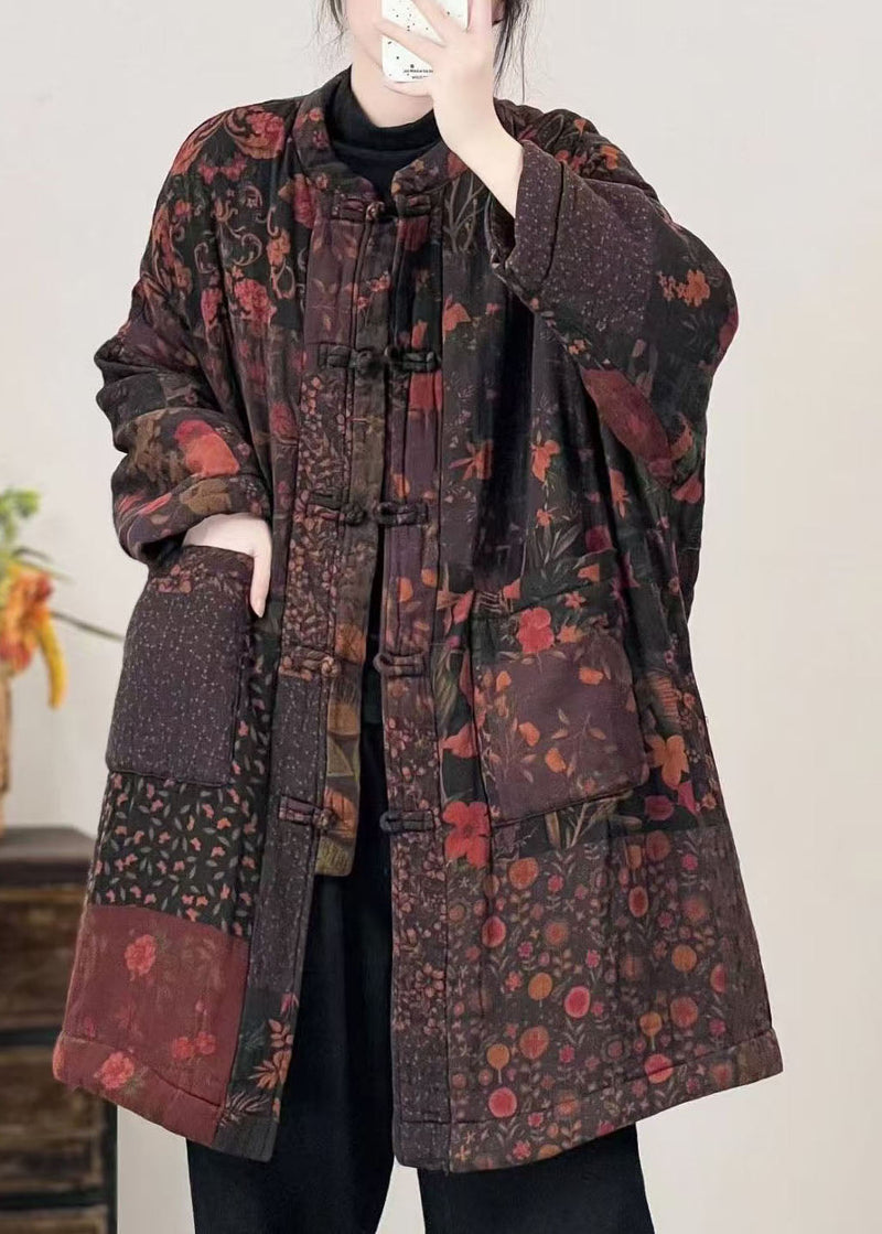 Black Pockets Print Oriental Button Fine Cotton Filled Coat Winter