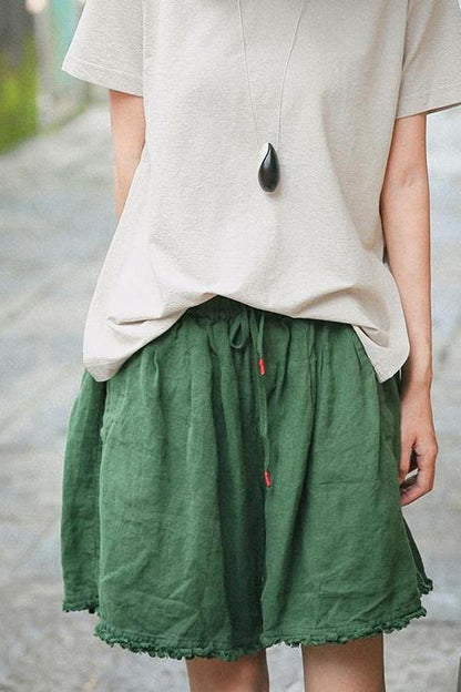Loose Green and Yellow Linen Shorts Summer Trousers