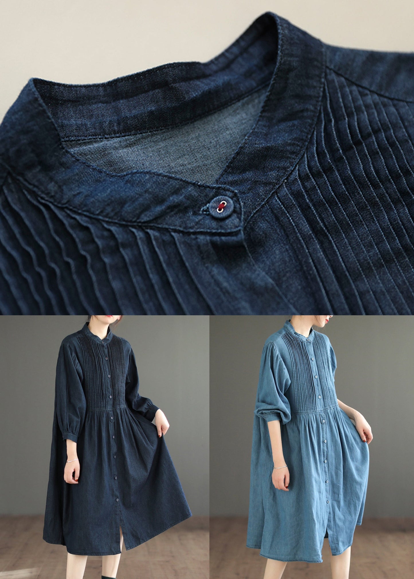 Navy Button Denim Blouses Dresses O Neck Long Sleeve