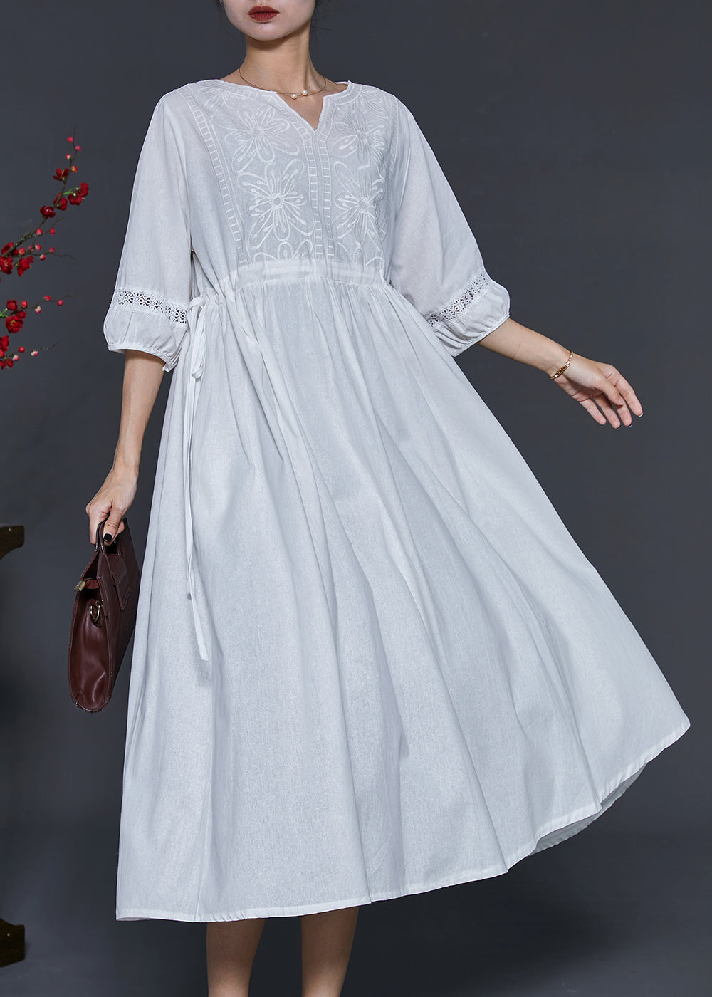 White Embroidered Cotton Cinched Dress Summer