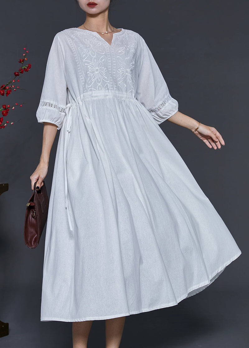 White Embroidered Cotton Cinched Dress Summer