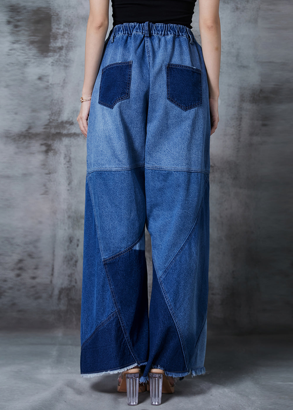 Blue Asymmetrical Patchwork Denim Pants Fall
