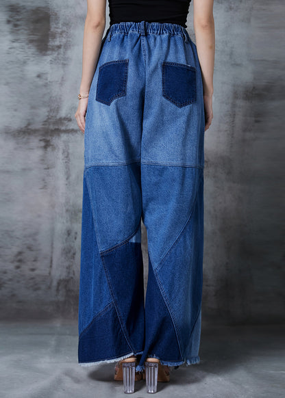 Blue Asymmetrical Patchwork Denim Pants Fall