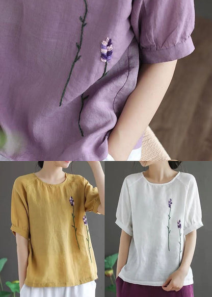 Ginger Embroidered Linen Tops Short Sleeve