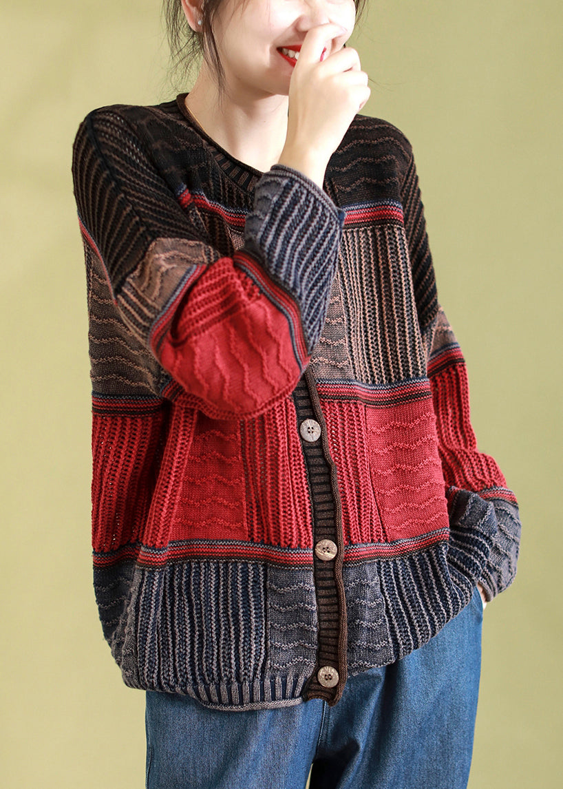 Red Patchwork Knit Cardigan O Neck Button Spring