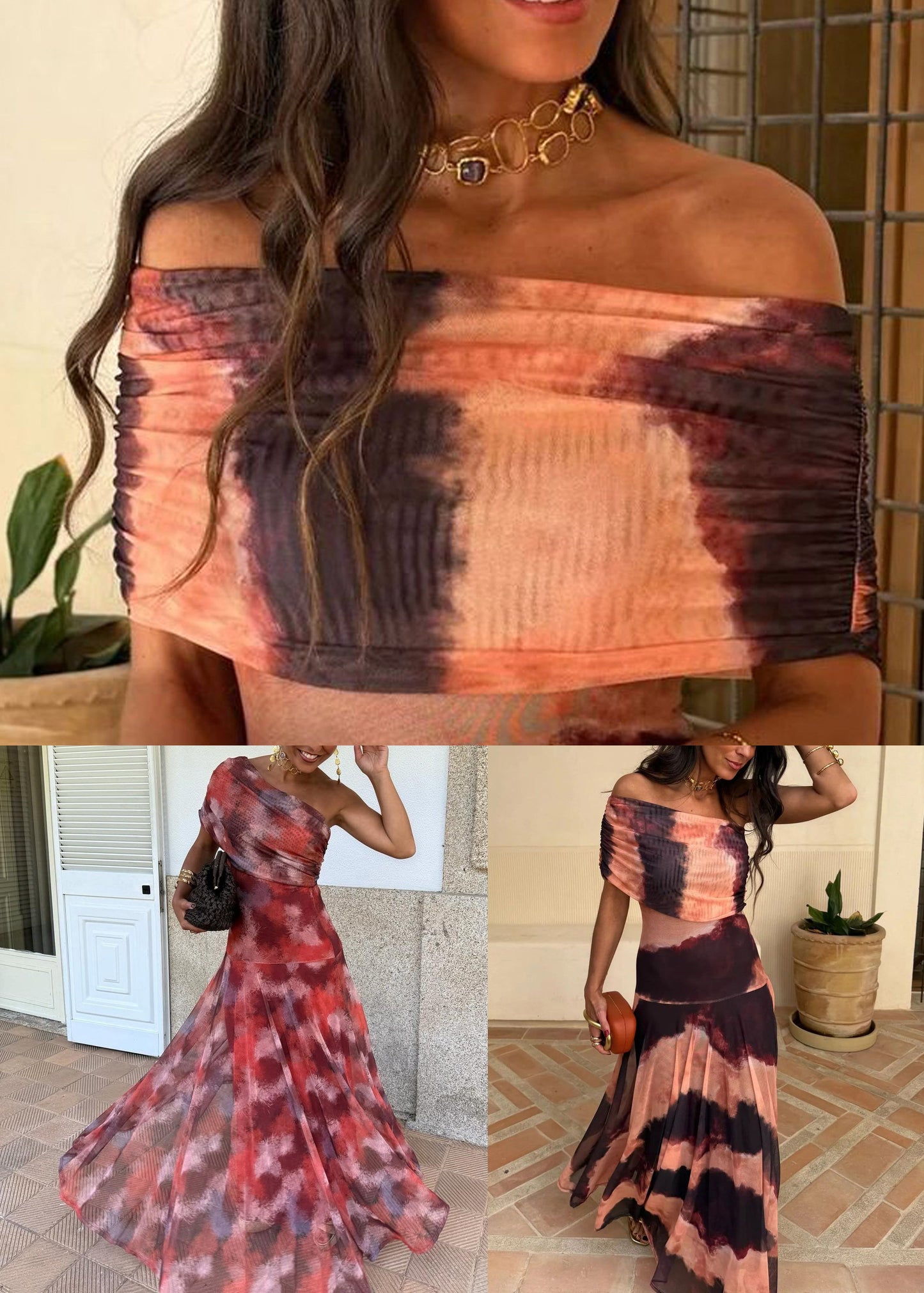 Stylish Red Cold Shoulder Print Tulle Long Dress Summer