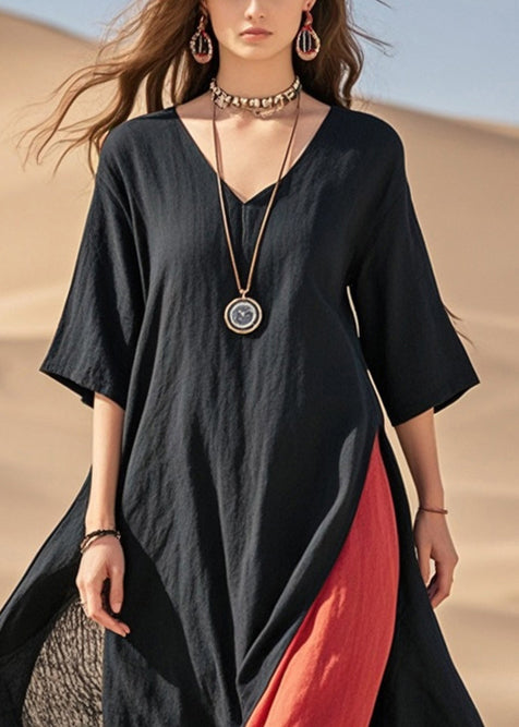 Black Asymmetrical Patchwork Cotton Maxi Dresses Summer