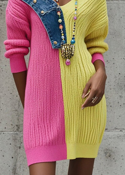 Rose Asymmetrical Patchwork Denim Knitted Dress Fall