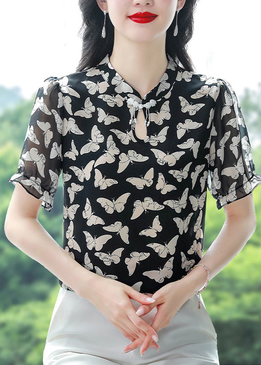 Black Stand Collar Print Chiffon Shirts Summer