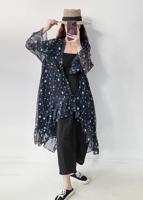Navy Ruffled Print Chiffon Upf 50+ Cardigan Summer