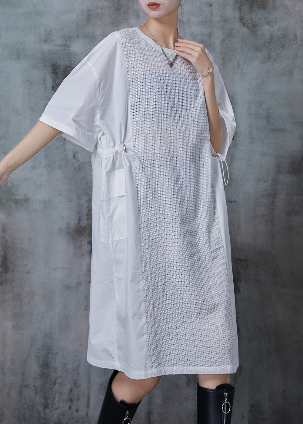 White Oversized Patchwork Drawstring Maxi Dress Summer