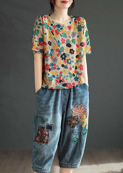 Red Print Patchwork Cotton T Shirt Top O Neck Summer
