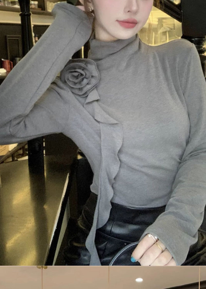 Grey Turtle Neck Stereoscopic Cotton Shirts Fall