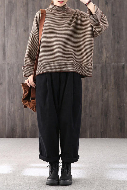 Loose High Collar Striped Sweater, Top,stylish Warm Sweater,wide Sleeve Sweater