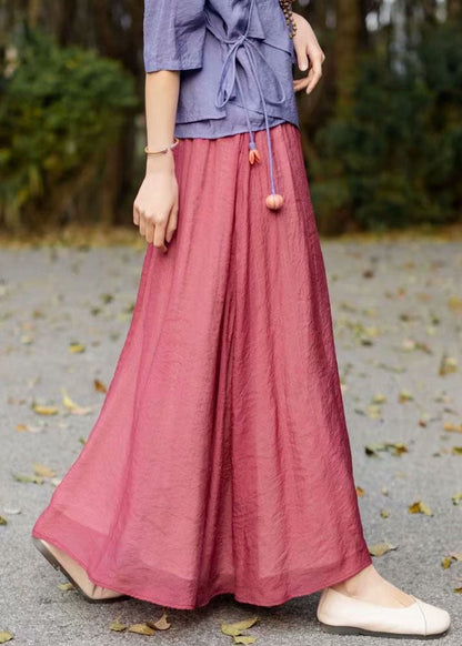 Red Wrinkled Elastic Waist Patchwork Cotton Skirts Summer