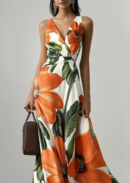 Classy Orange V Neck Print Chiffon Long Dress Sleeveless