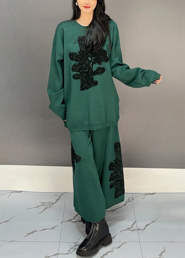 Blackish Green Sweatshirt and Wide Leg Pants Cotton Two Piece Set Embroidered Fall